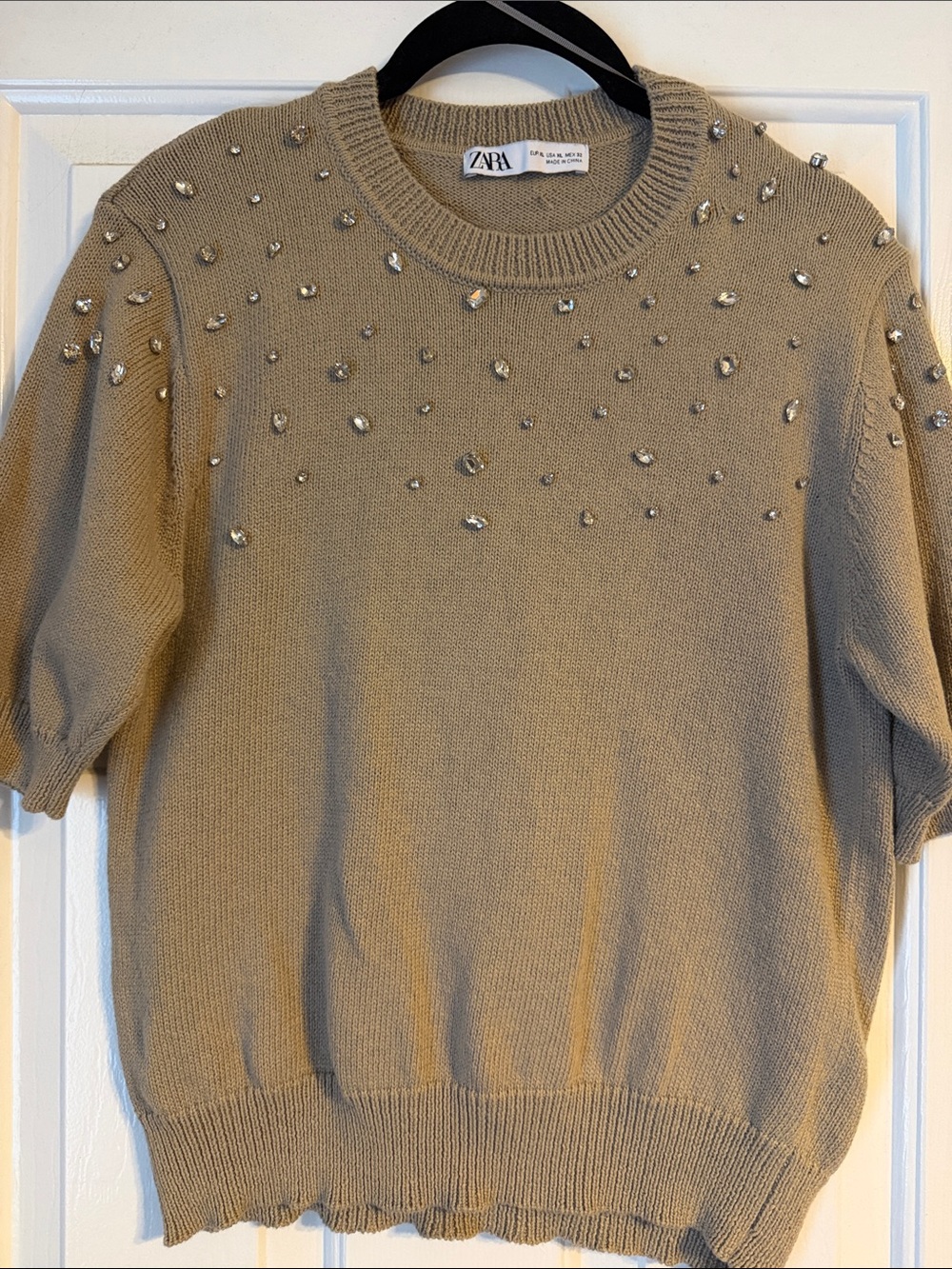 Zara Taupe Short-Sleeve Beaded Crewneck Sweater